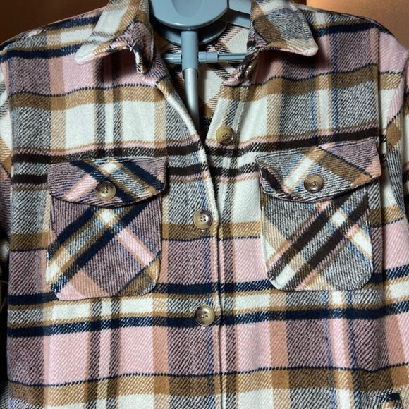 Plaid Shacket Jacket Pink Tan Button Front Women’s Large - Picture 4 of 9